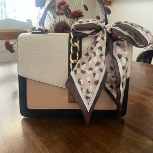 Elegant Cream and Tan Handbag with Scarf Accent